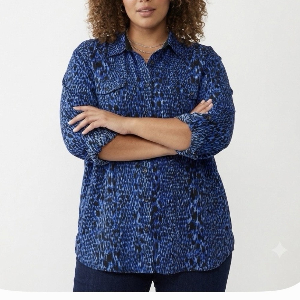 Maggie Barnes Blue Black Button Up Blouse Size 5X Casual Office Layers